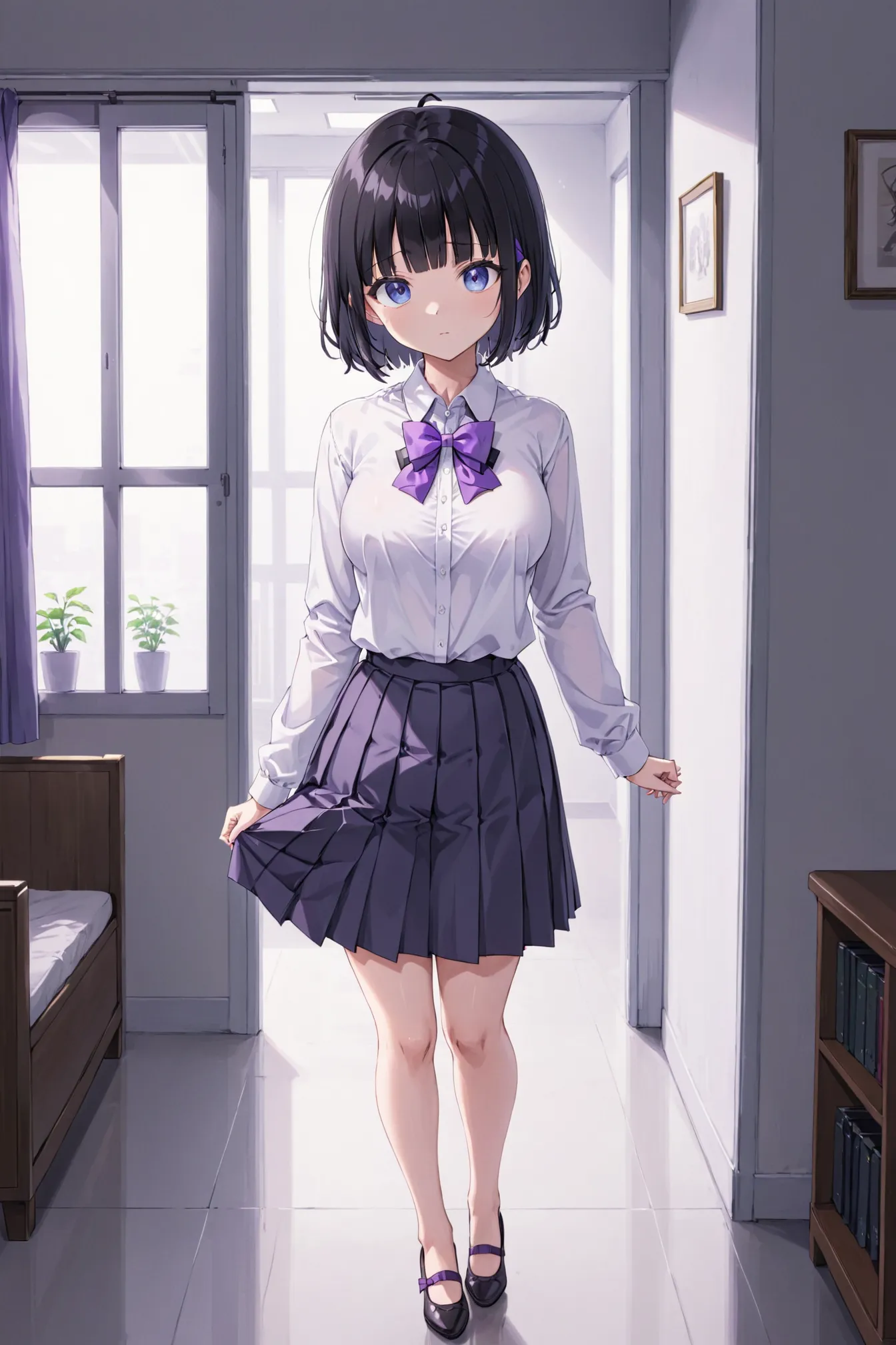 02094-718000201-anime, 1girl, solo, indoors, black hair, black skirt, blue eyes, blunt bangs, bow, bowtie, breasts, collared shi.webp